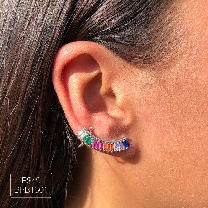 Brinco Ear Cuff Trapézios Rainbow Prateado